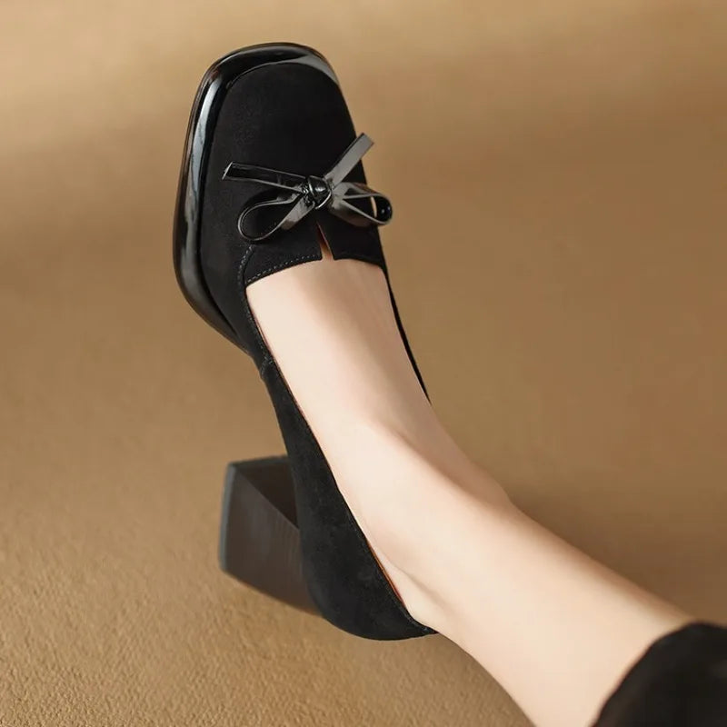 Women Spring Autumn Pumps Chunky High Heels Shoes for Ladies New Bow Suede Fashion Heels Women Brown Platform Square Toe Zapatos