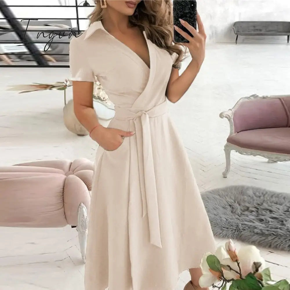 Ingvn - v neck long sleeve spring summer printed dress