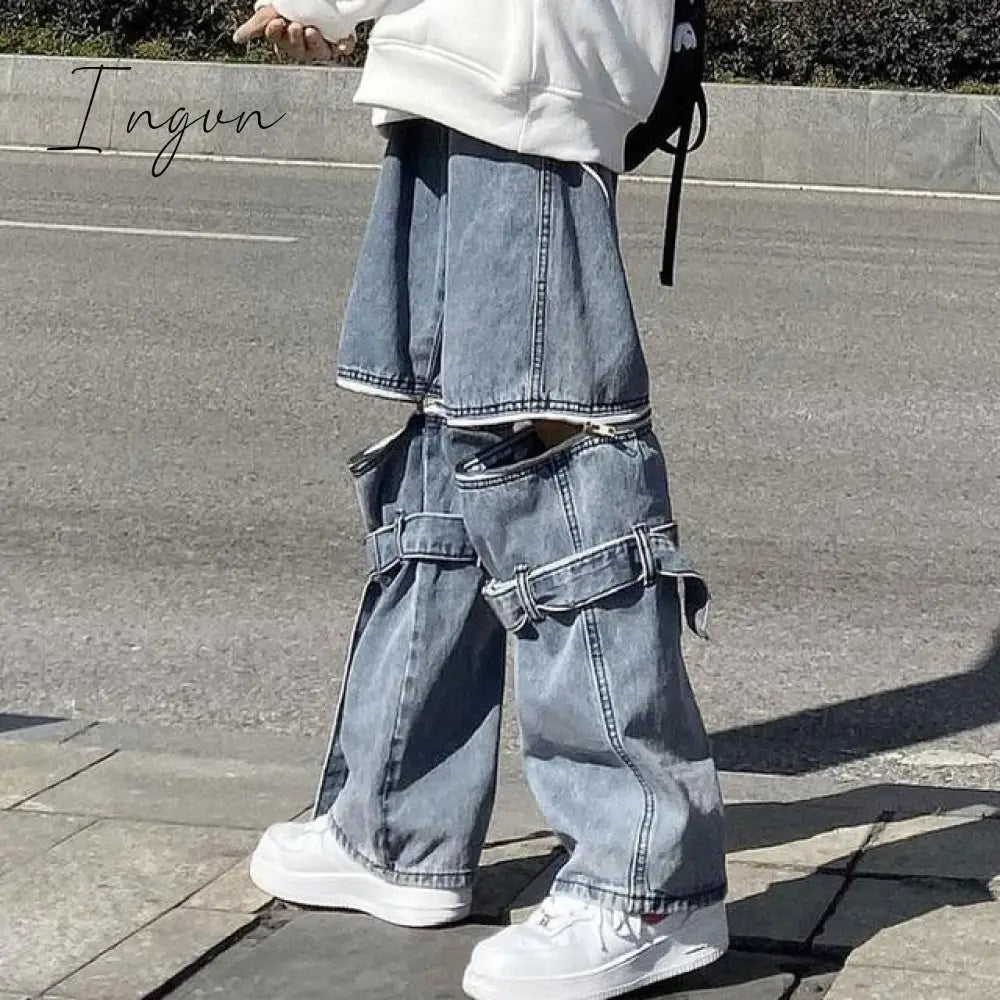 Ingvn - Vintage Streetwear Cargo Pants Women Harajuku Street Loose Straight Women Jeans Casual Slim Versatile High Waisted Jeans Pants
