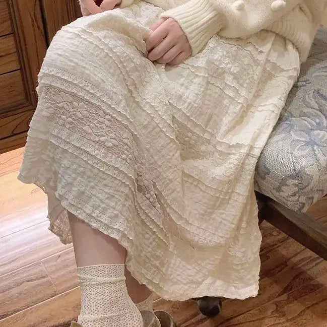 Thin Lace Half Skirt Women Summer Long Skirts Japanese Style Vintage Cake Skirts for Women Korean Fashion Faldas Largas