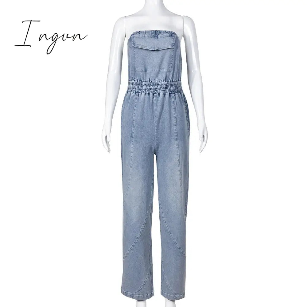 Ingvn - Fashion Women Pocket Front Strapless Sleeveless Denim Wide Leg Jumpsuit 2023 Summer Jean Romper One Piece Set Playsuit