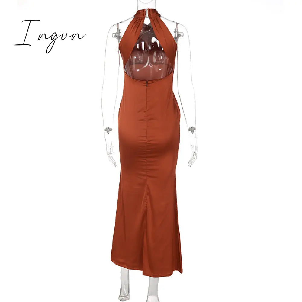 Ingvn - Sexy Satin Sleeveless Backless Elegant Party Maxi Dresses Women Summer Off Shoulder Bodycon Black Long Dress Formal Female