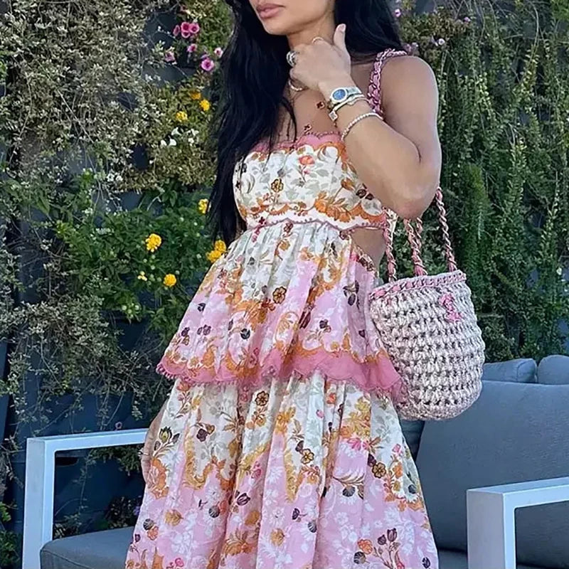 Women Elegant Flower Print Cake Layered Dress Sexy One Shoulder Sleeveless Bohemian Dress Fashion Waist Pleated Long Dress