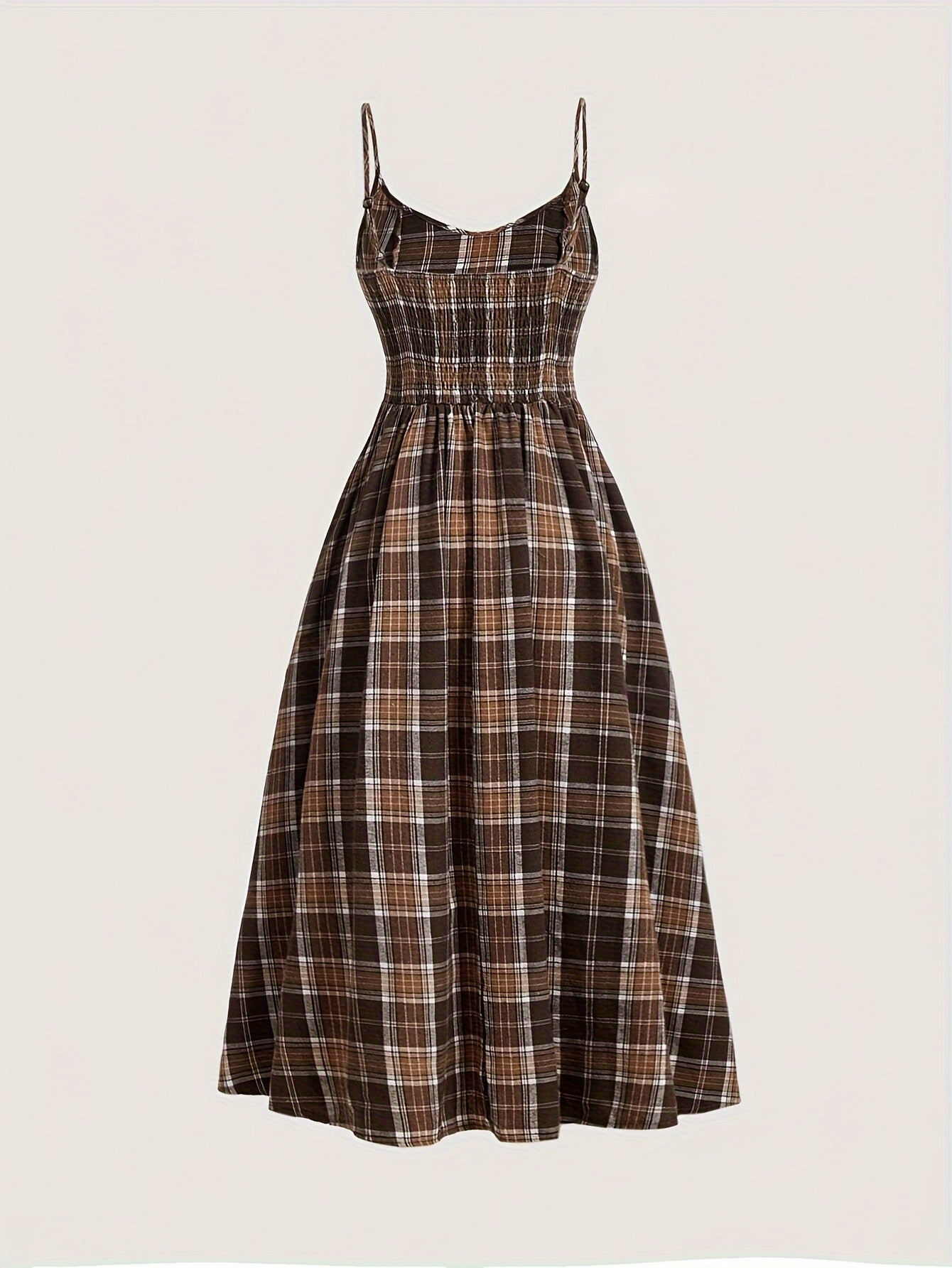 Elegant, Comfortable Vintage-Inspired Plaid Midi Dress with Spaghetti Straps - Polyester, Machine Washable, Non-Sheer