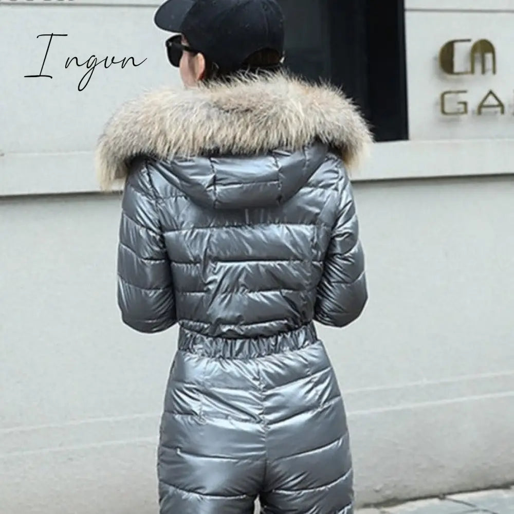 Ingvn - One Piece Ski Suit Women Jackets Winter Hooded Parka Jumpsuit Women Cotton bodysuit Sashes Jumpsuits Zipper Overalls Tracksuits