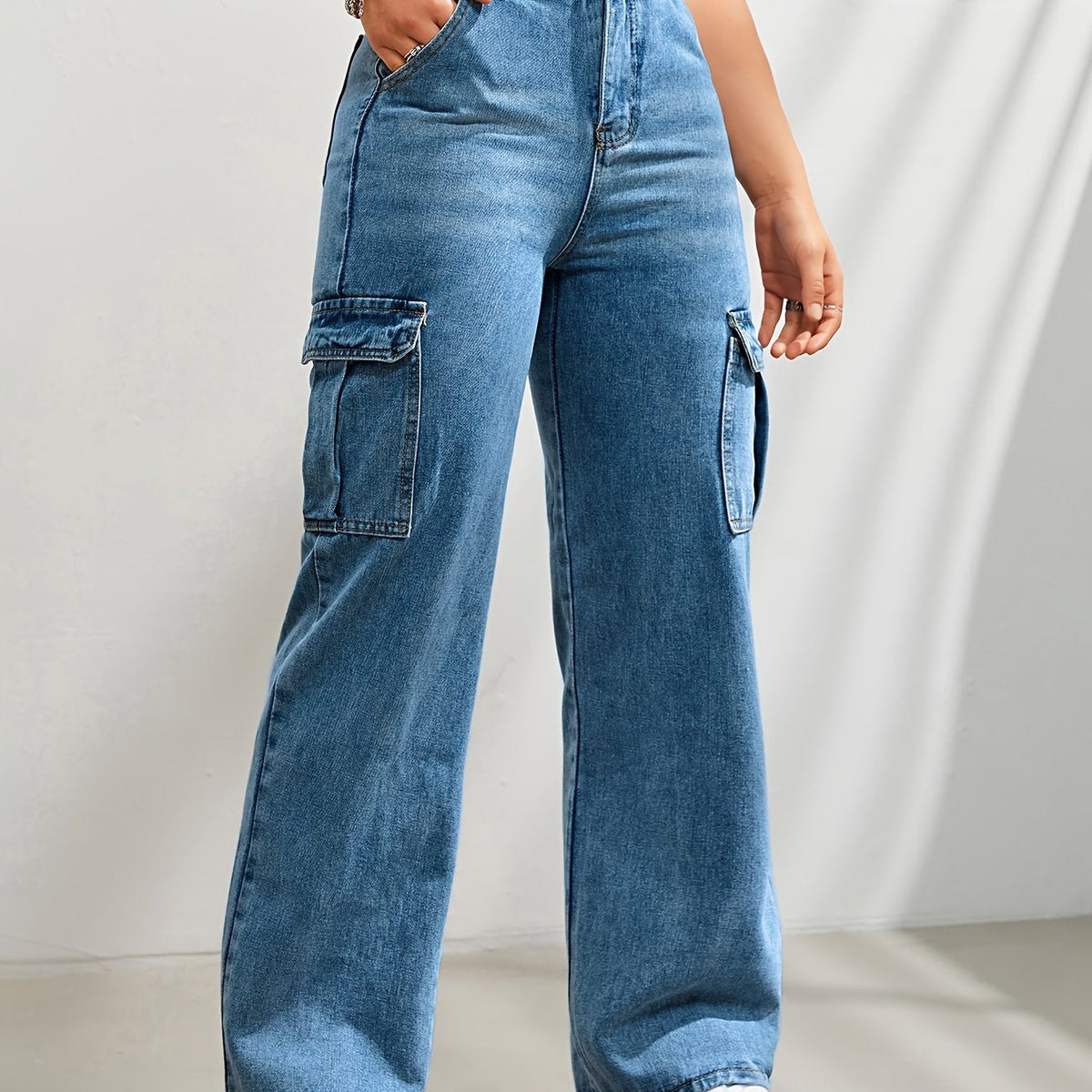 Women's Casual Wide Leg Denim Cargo Pants, Fashion Plain Jeans With Side Pockets, High Waist And Relaxed Fit For Fall