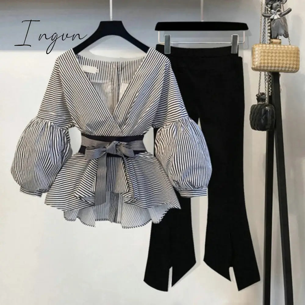 Ingvn - New Spring Summer 2 Pcs Suits Women's Striped Bow Lantern Sleeve Blouse + Black Split Flare Sleeve Pants Set S-3XL