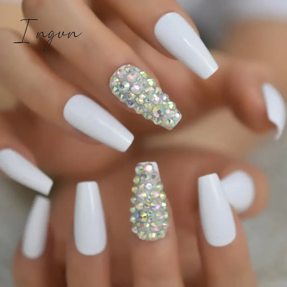 Extra Long Stiletto Press on False Nails Full Cover 3D Rhinestone Fake Nails Manicure Nail Art Tips Set for Wedding Party