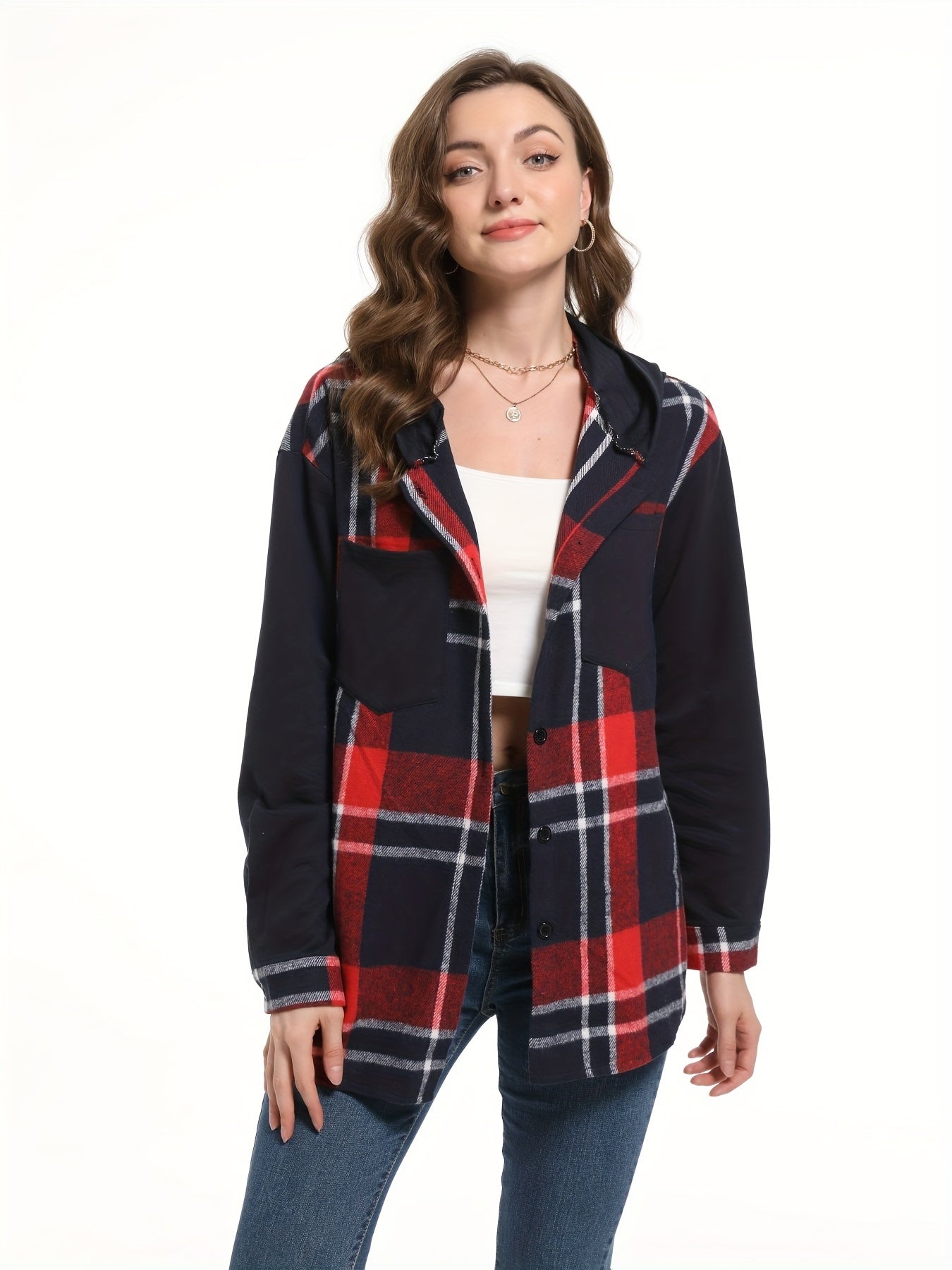 Plaid Print Hooded Jacket, Casual Button Front Long Sleeve Outerwear, Women's Clothing