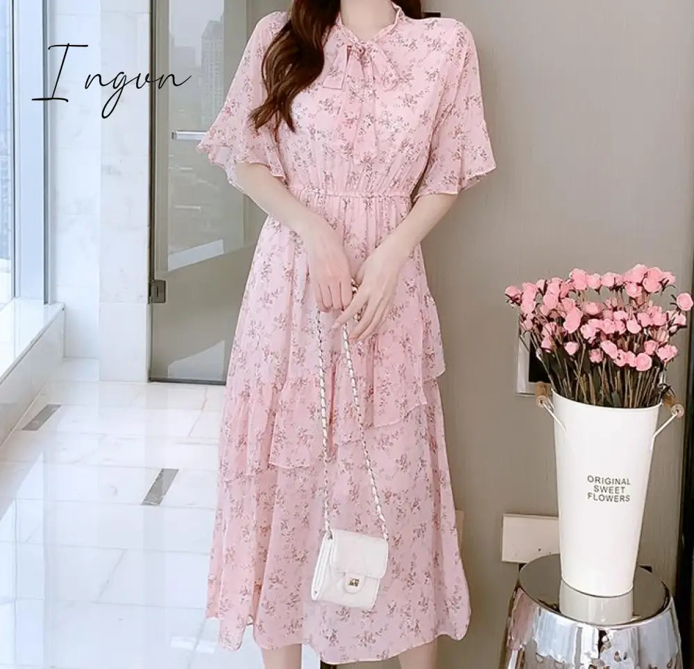 Ingvn - Women Mini Dress Spring New V-neck Floral Chiffon Dress High Waist Flare Sleeve Female Dress Woman's Dress KarolyiDora KA88