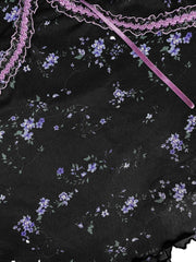Floral Print V Neck T-Shirt, Casual Long Sleeve Lace Decor Slim Top, Women's Clothing