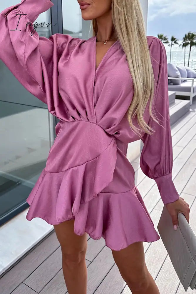Ingvn - Sweet Elegant Solid Flounce V Neck A Line Dresses