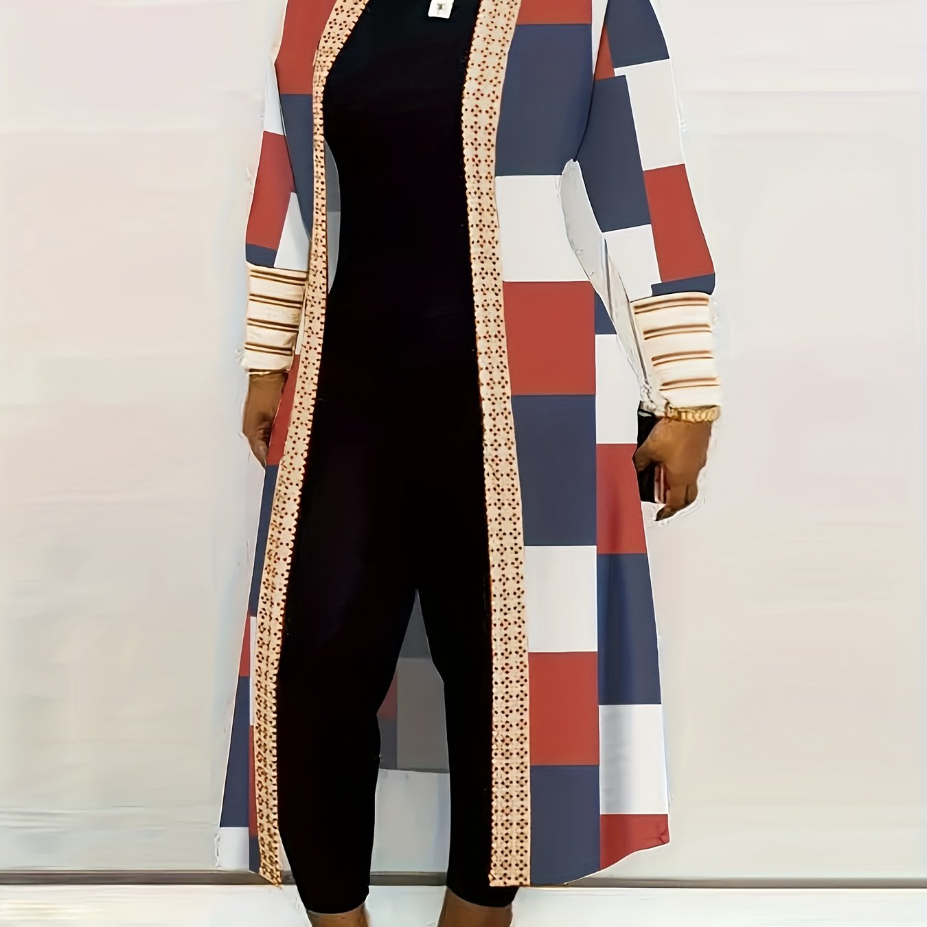 Long Sleeve Colorblock Geometric Print Casual Open Front Cardigan, Women's Clothing