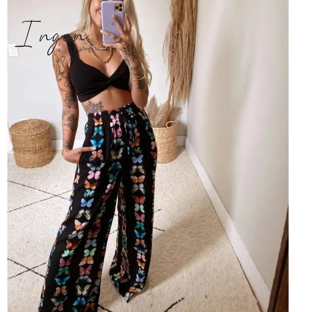 Ingvn - 2 Pecs Suit Summer Tracksuit Sets Womens Outfits Boho Beach Style Print Underwear Loose Wide Leg Pants Ropa Mujer Подходить New
