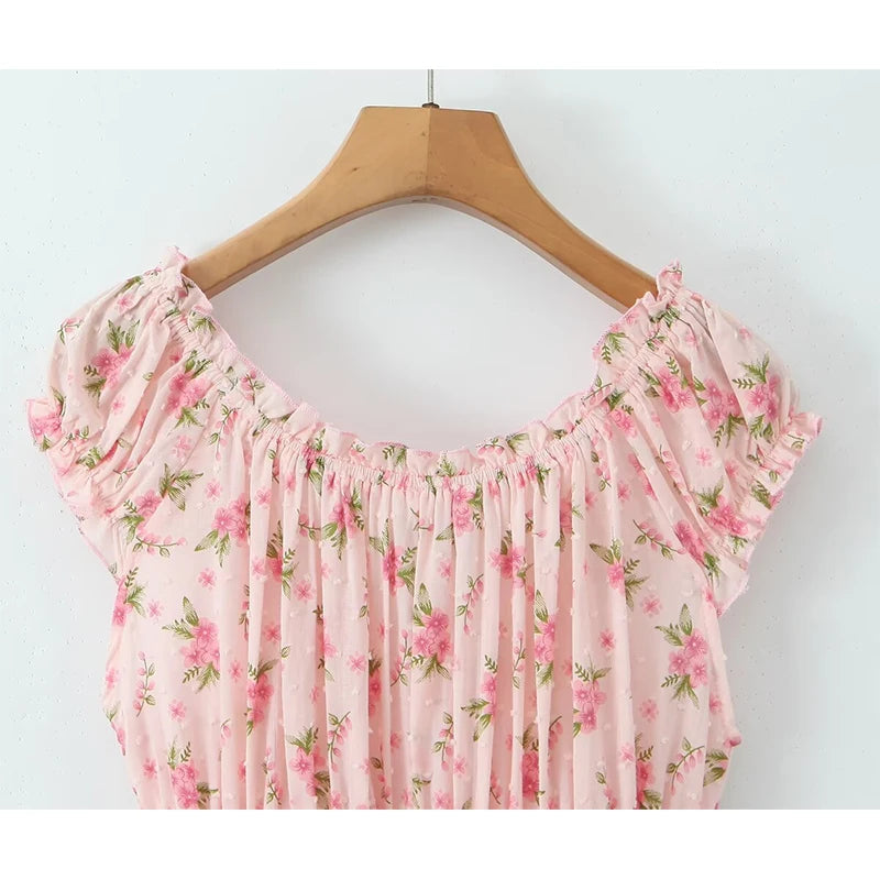 Sweet Women Pink Floral Print Mini Dress Sexy Off Shoulder Short Sleeve Elastic Waist Holiday Party Dress Summer Robe