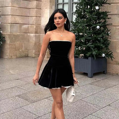 Black Strapless Christmas Dress Sexy A Line Vintage Velvet Party Mini Dresses Elegant Women Dresses