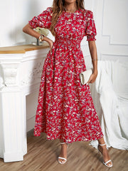 Blossoming floral print dress - Romantic Puff Sleeves & Shirred Bodice - Perfect for Spring/Summer - Flattering Crew Neck - Stylish Womens Casual Wear