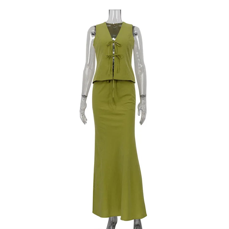 Ingvn  Sexy Tank Top Half Skirt Two Piece Set Women's Summer V-Neck Sleeveless Lace up Vest Long Ladies Skirts Chic Suits