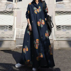 Ingvn - Summer Stylish Women Vintage Long Sleeve Loose Sundress Casual Long Maxi Dress Kaftan Femme Solid Party Vestido Robe