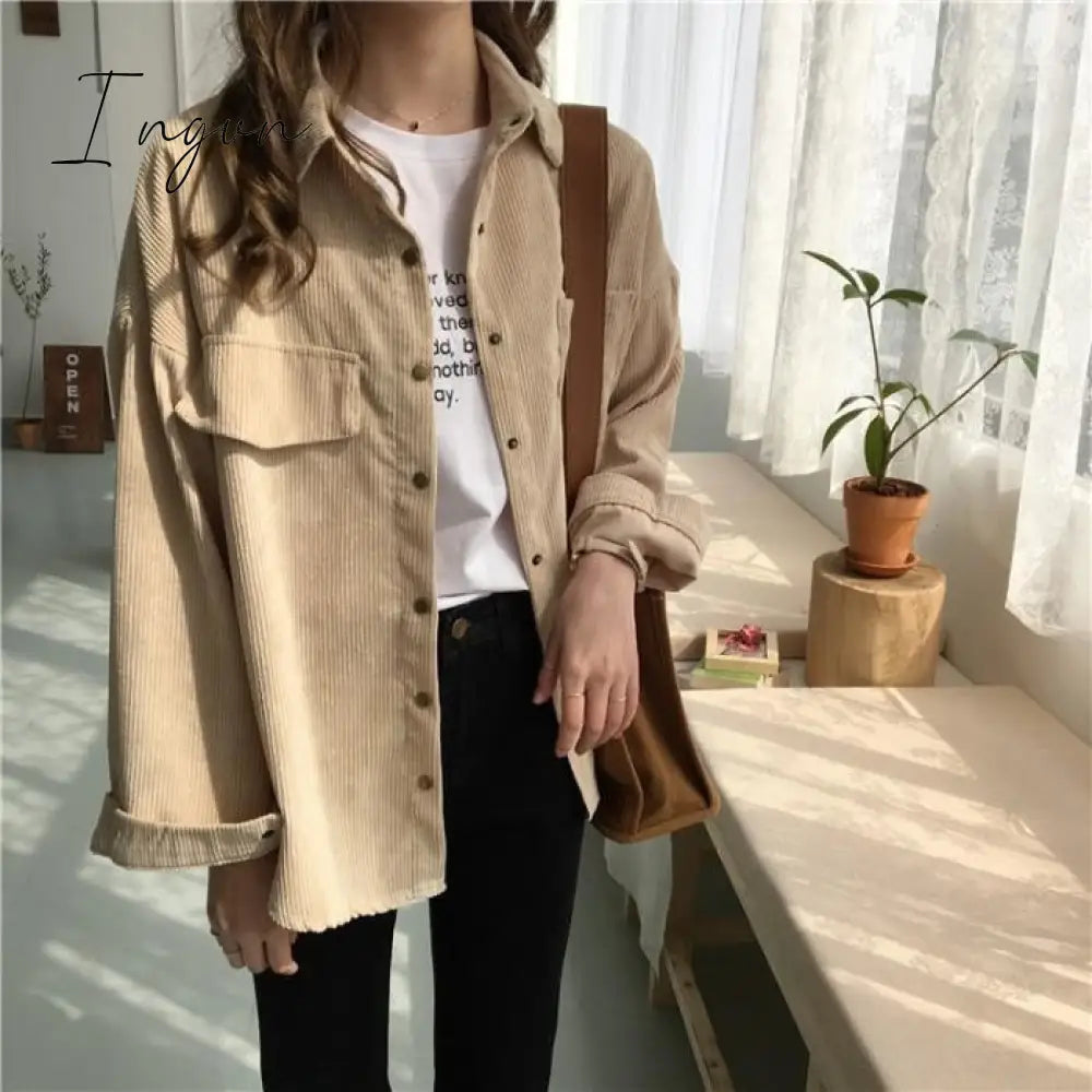 Ingvn - Loose Solid Long Sleeve Corduroy Tops