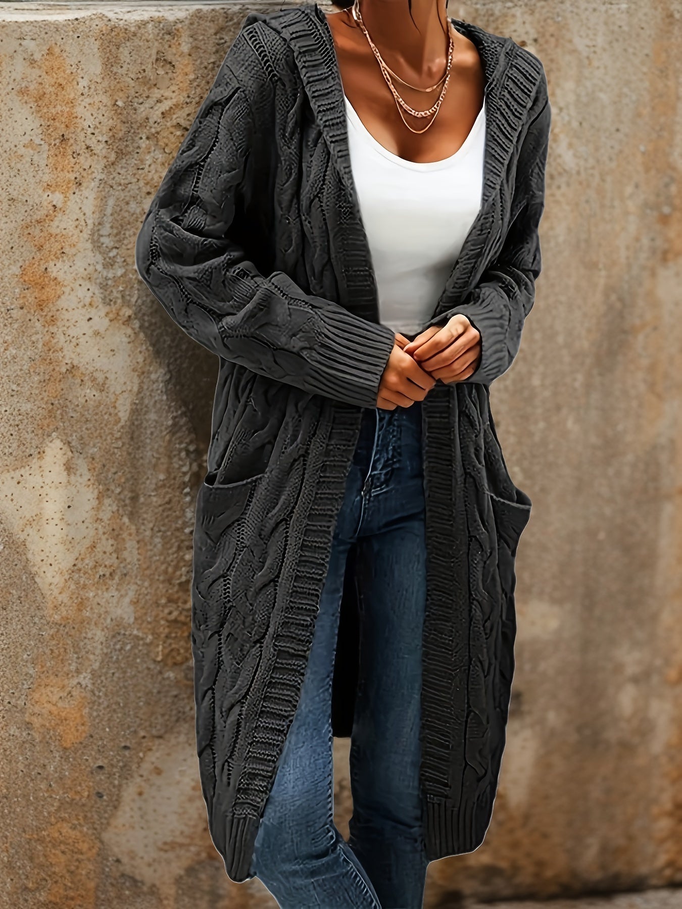 Cozy Micro-Elastic Plus Size Women's Long Sleeve Open Front Hooded Cardigan with Pockets for Casual Daily Wear - Solid Cable