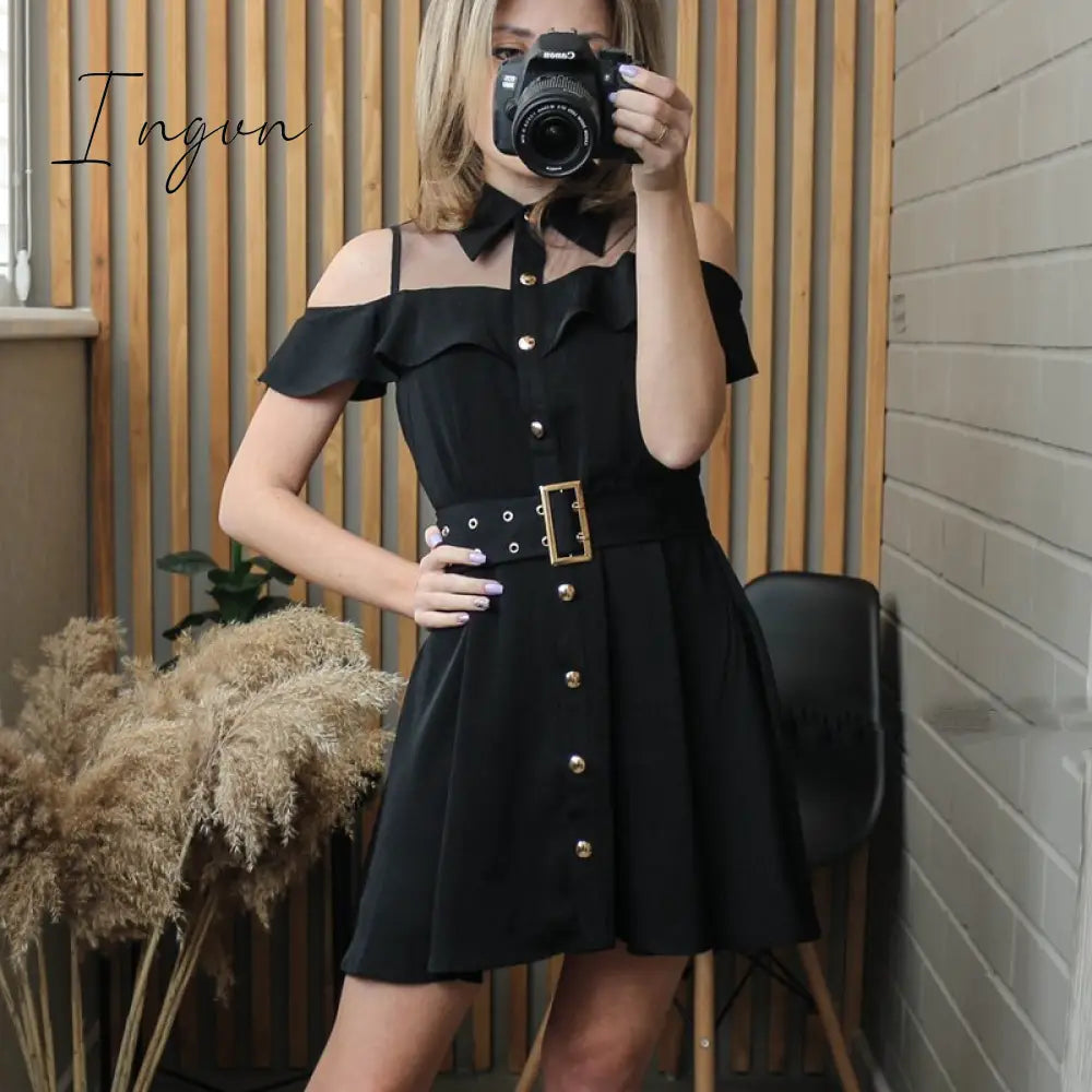 Ingvn - Korean OL New Single Breasted Women Summer Dress Sweet Chic Black office work Short mini Dresses With Belt Vestidos jurken