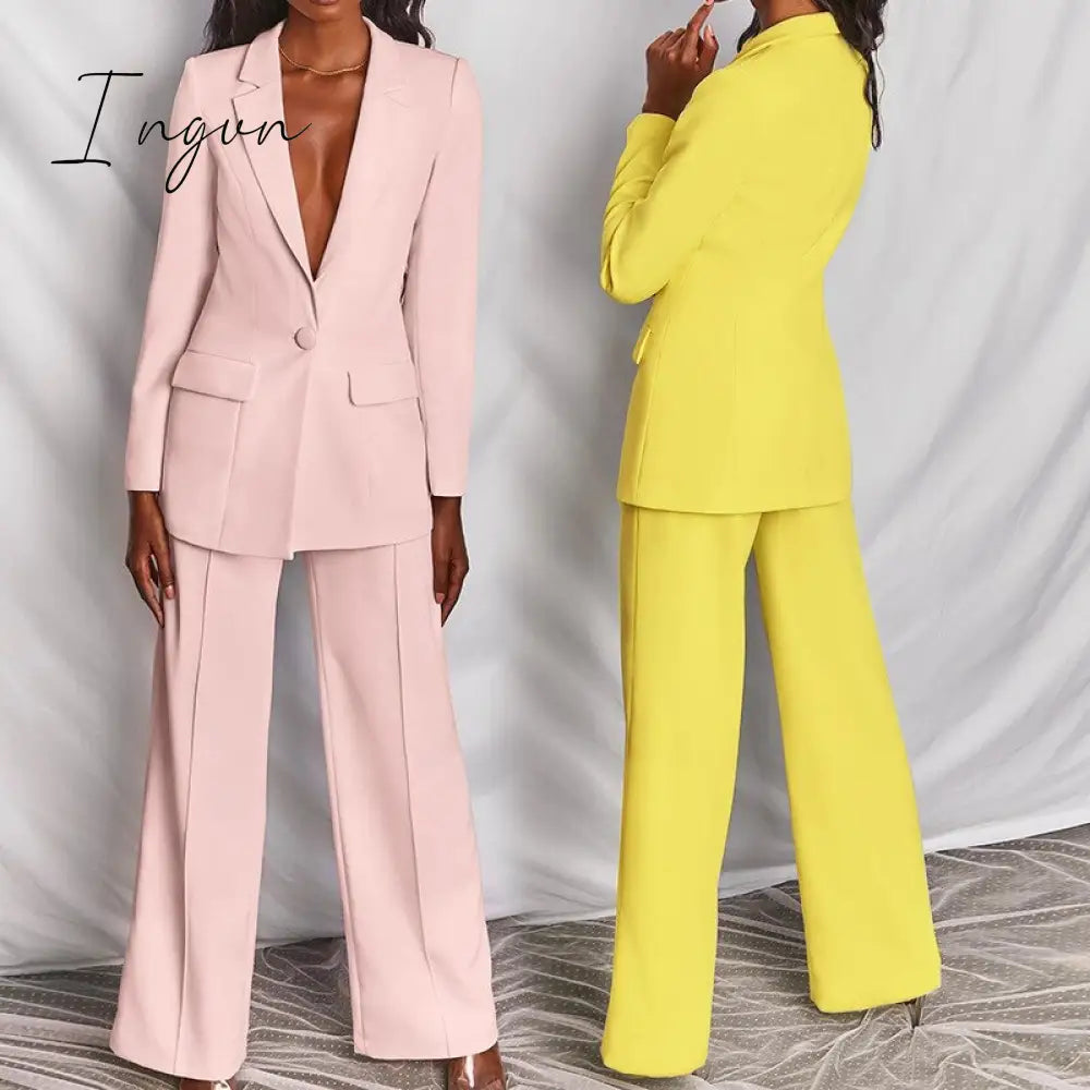 Ingvn - Women's Coats Blue Long Sleeves Workwear Outfits Female Solid Office Formal Chic Pockets Summer pants Sets Conjunto Femenino