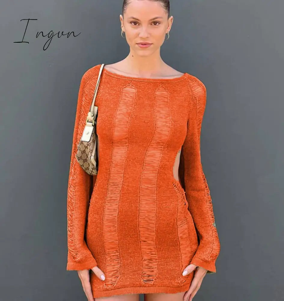 Ingvn - Y2K Knitted Tassel Women Backless Hollow Out Long Sleeve T Shirt Sexy Party Club Casual Beach Outfits Tee Top 2023 Summer
