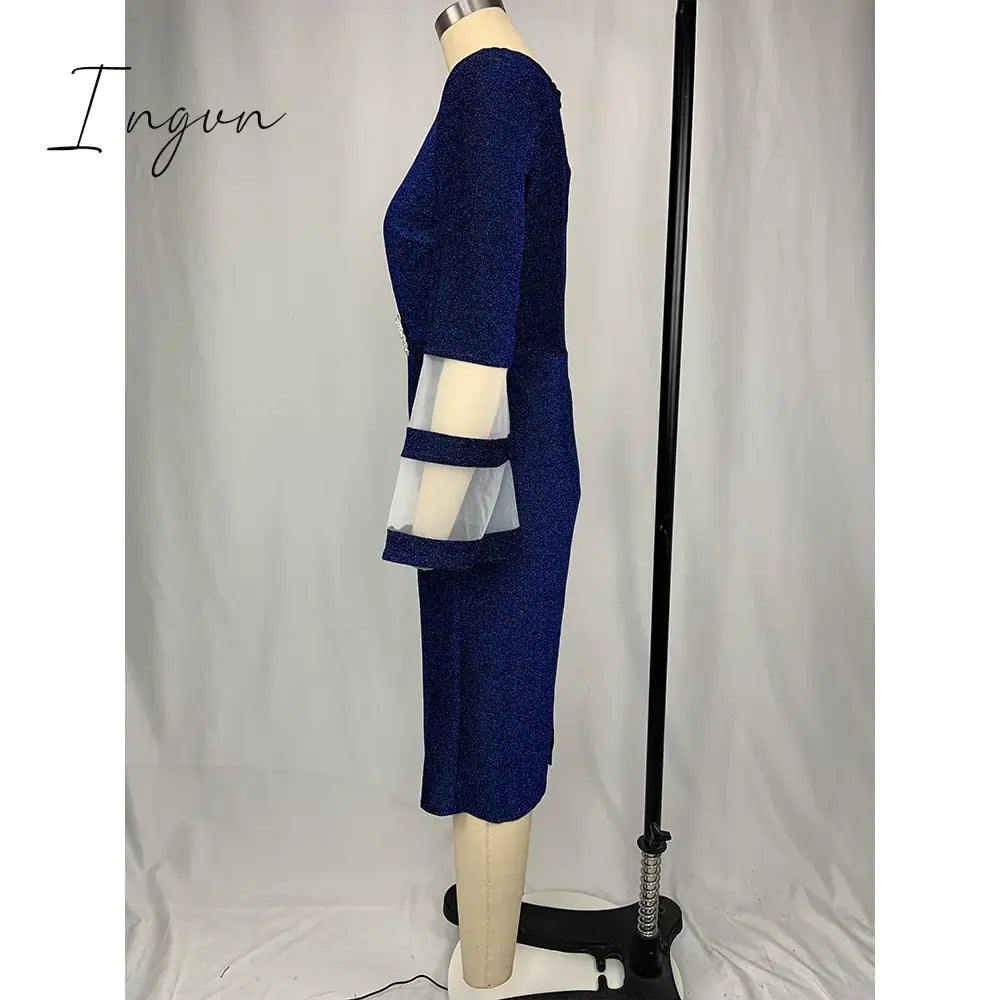 Ingvn - Plus Size Women Dresses Autumn Elegant Bright Silk Wedding Evening Birthday Party Dress V Neck Mesh Sleeve Club Outfits 8XL