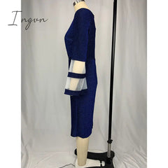 Ingvn - Plus Size Women Dresses Autumn Elegant Bright Silk Wedding Evening Birthday Party Dress V Neck Mesh Sleeve Club Outfits 8XL