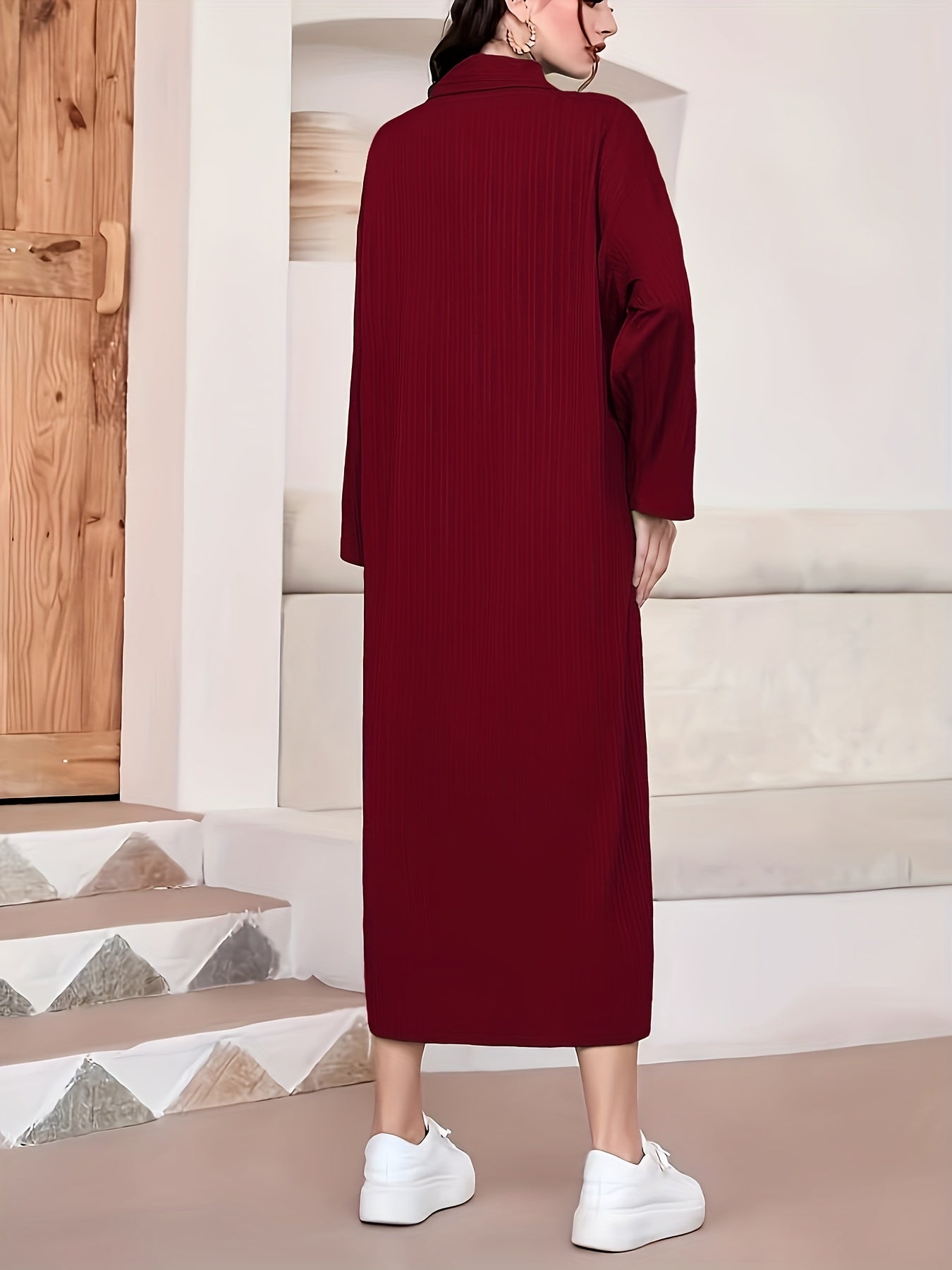 Elegant Women's Solid Textured Half Button Collared Midi Dress with Adjustable Long Sleeves for Spring & Fall