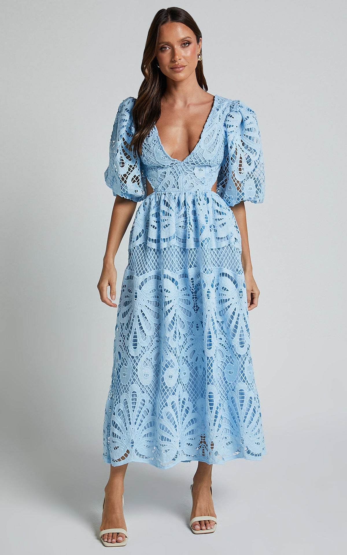 Sexy Hollow Out Long Dress Summer New Arrival V-neck Lace Embroidery Women's Clothing