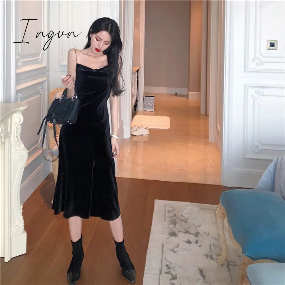 Ingvn - Brand New Women Dress Spaghetti Strap Slit Velvet Black Dress Sexy Bodycon bandage Dress Midi Party Dress Vestidos Verano