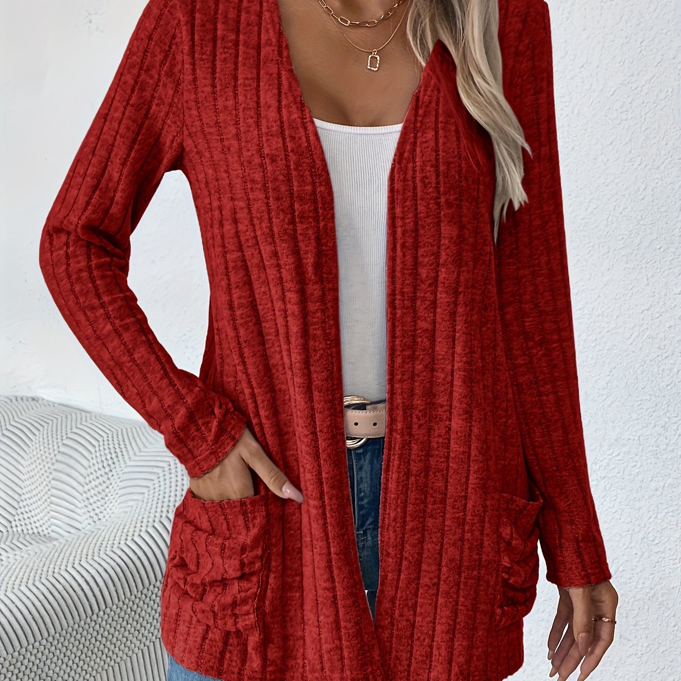 Cozy Ribbed Cardigan - Casual Jackets for Women with Dual Pockets and Long Sleeves for Spring and Fall - Soft, Open Front, and Versatile