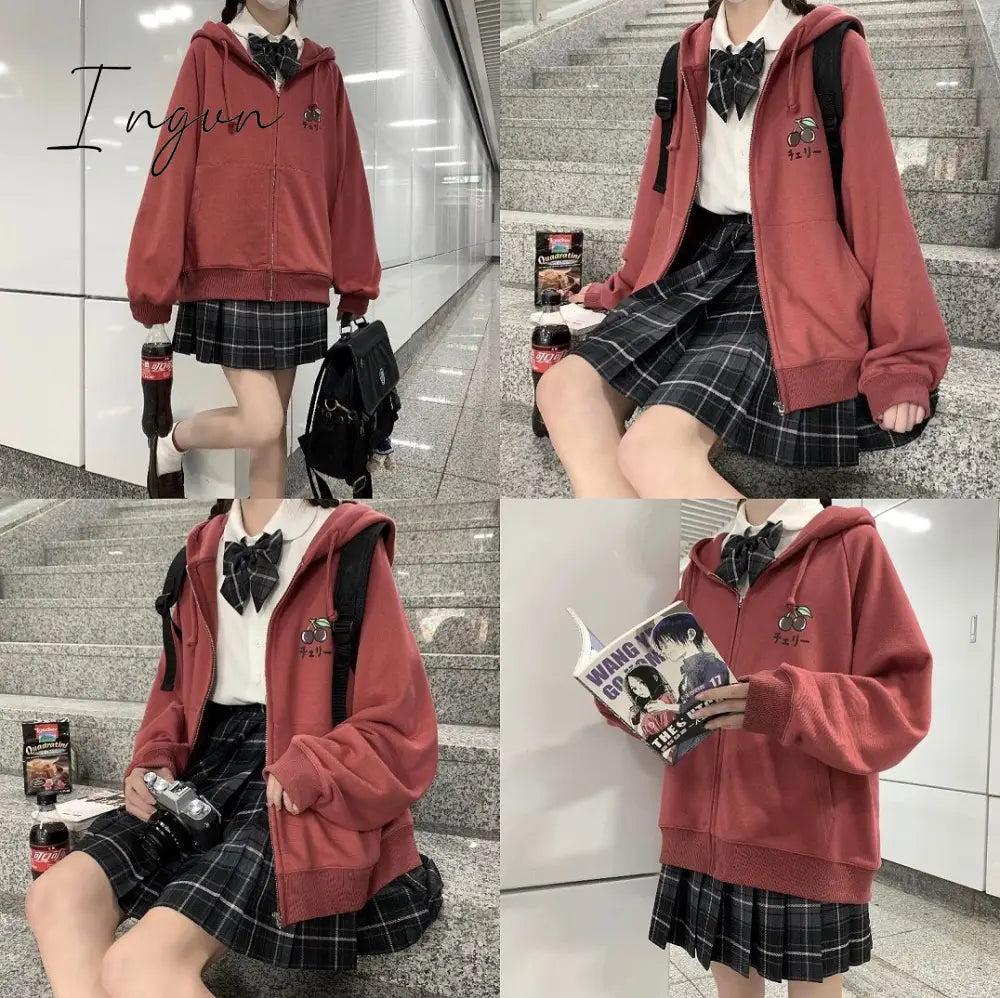 Ingvn - Harajuku Sweet Fruit Print Women Hoodie Pocket Spring Loose Thin Zipper Sweatshirt Girl Cute Pink Plus Size Clothes Among Us