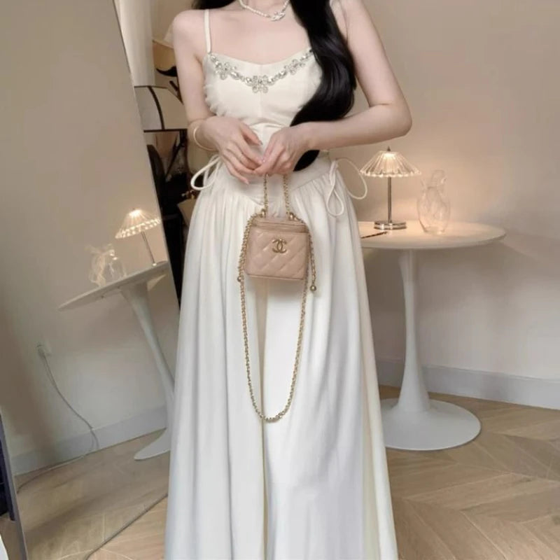 Elegant Evening Party Dresses for Women White Long Sleeveless Bodycone Dress Korean Midi Vintage Sweet Dress Chic