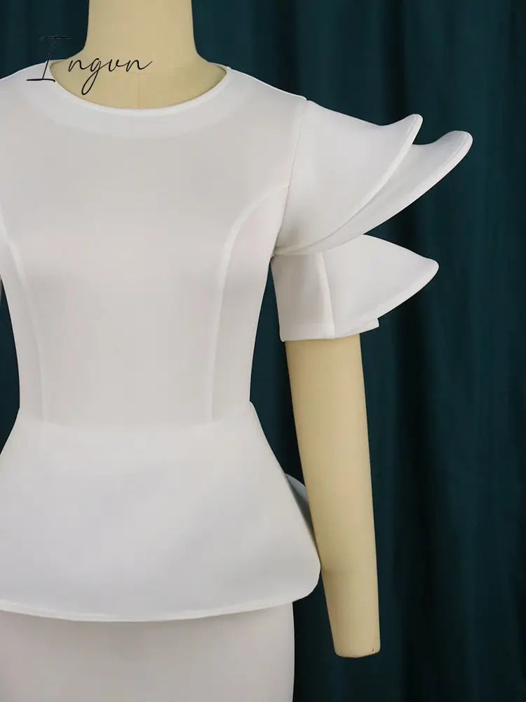 Ingvn - Women White Party Dresses Stylish Short Sleeves Ruffles Peplum Bodycon Christmas Event Birthday Wedding Guest Female Large Size