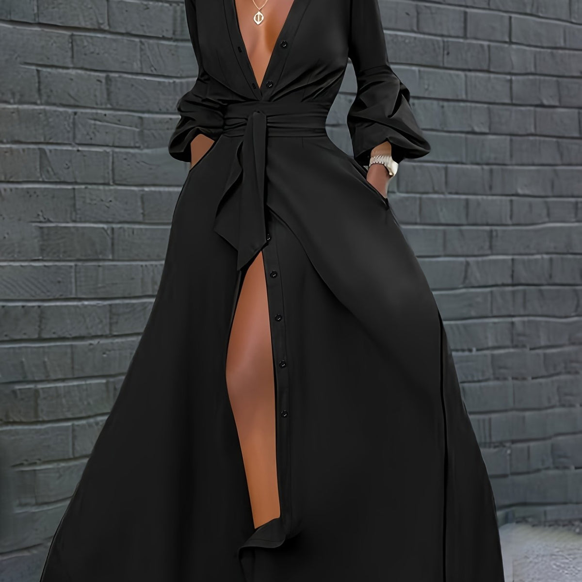 Button Front Tied Waist Dress, Elegant Lantern Sleeve A-line Maxi Length Dress For Spring & Fall, Women's Clothing