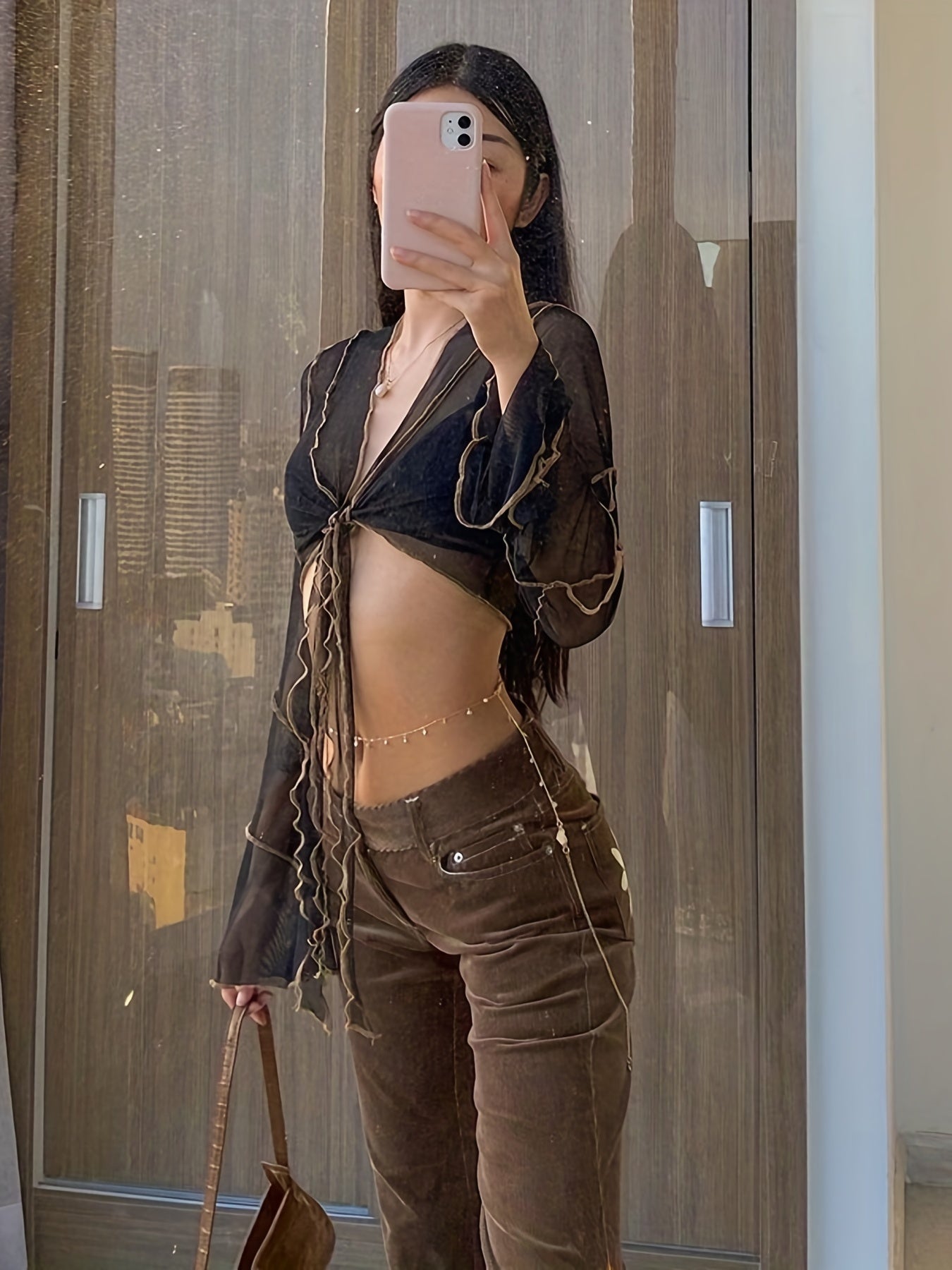 Sexy Women's Bell Sleeve Mesh Crop Top for Spring & Summer, Casual Slim Fit Clothing