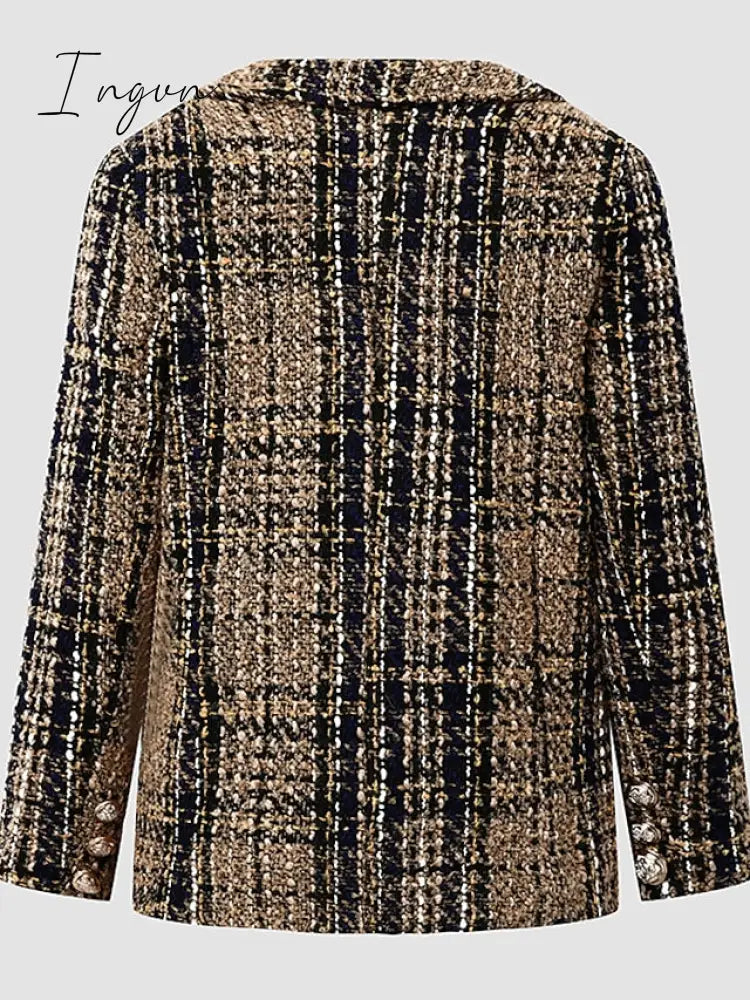 Ingvn - Women's Blazer Tweed Plaid Long Sleeve Coat Fall Winter Business Double Breasted Regular Jacket Green Brown XL 2XL 3XL