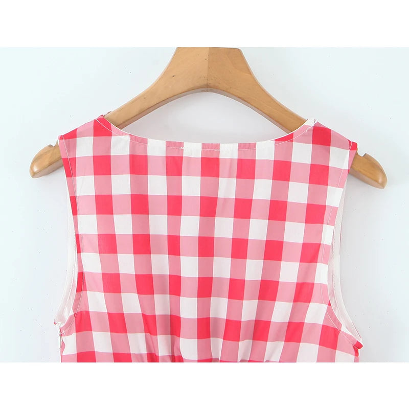 European And American Retro Sexy V Neck Red Plaid Dress Women Floral Embroidery Sleeveless A-line Mini Summer Dresses