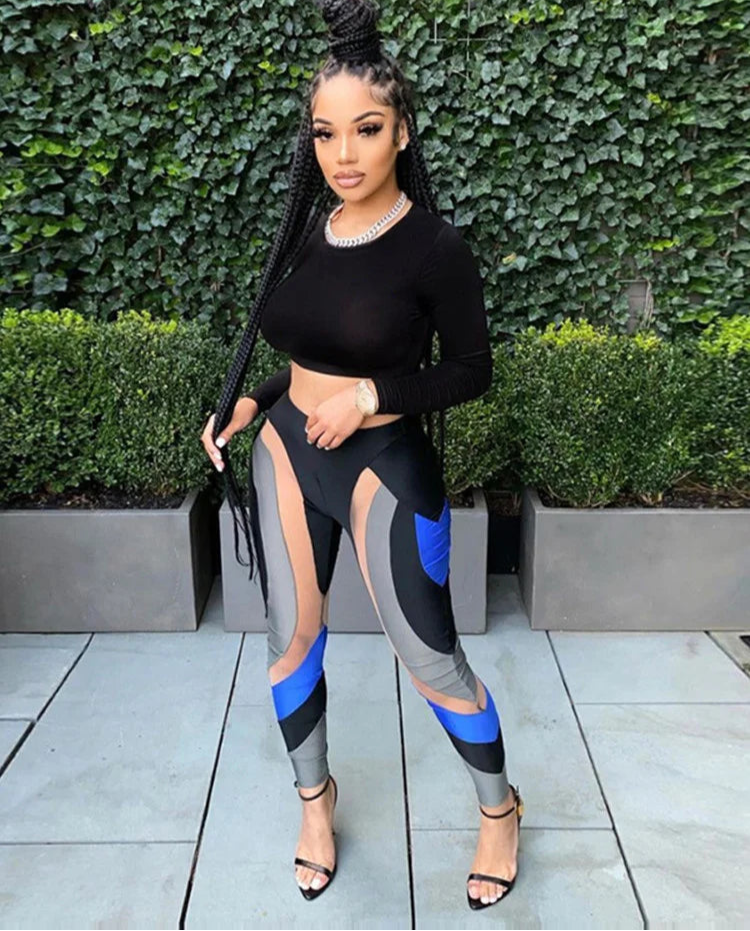 Mesh Patchwork Print Leggings Women Hipster Y2K Stitching Color Match Sheath Pants High Waist Body-Shaping High Streetwear