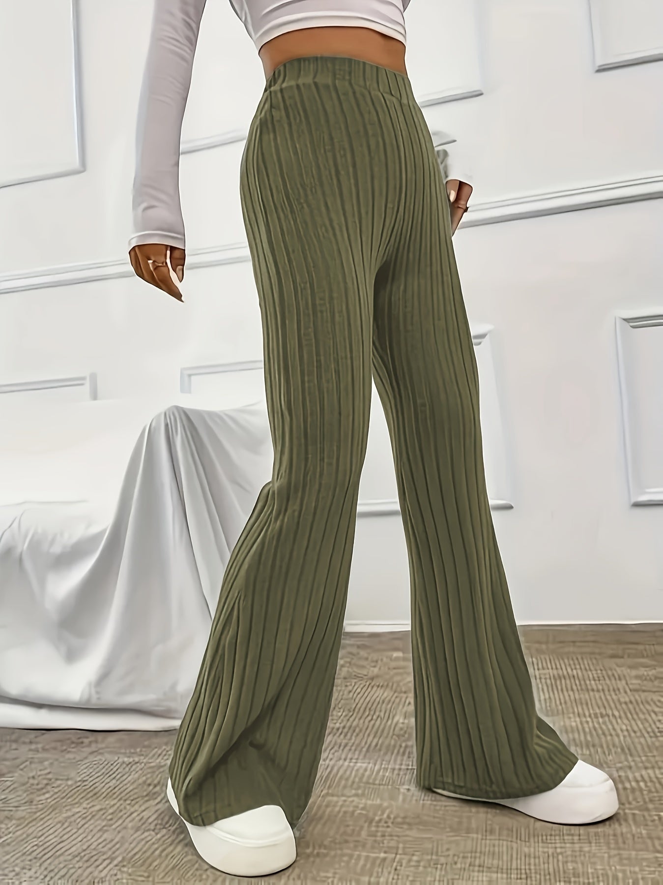 Elegant Ribbed Polyester Long Pants - High Elasticity, Solid Chic, Easy Care, Perfect for Spring & Fall