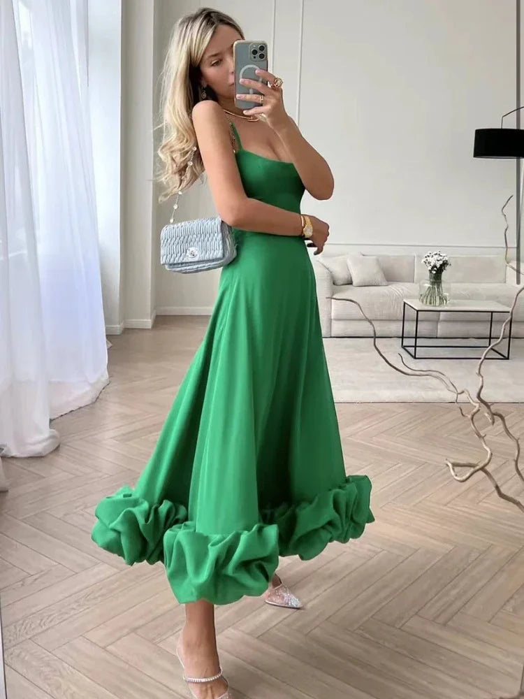 Ingvn  Elegant Party Evening Maxi Dresses for Women Spaghetti Strap Backless Sexy Long Summer Dress Ruffles Aline Dress