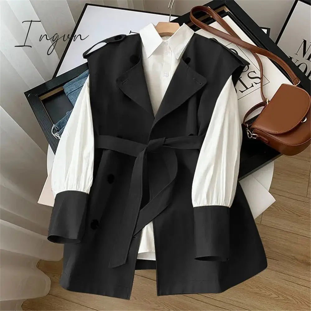 Ingvn - Office Ladies Temperament Top 2pcs Sets Tie Waist Trench Coat Vest +White Shirt Stitching Sleeves Women Korean Fashion Suit