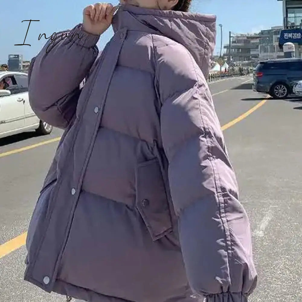Ingvn - winter women's hooded zipper loose down jacket women's solid color regular thick padded jacket new