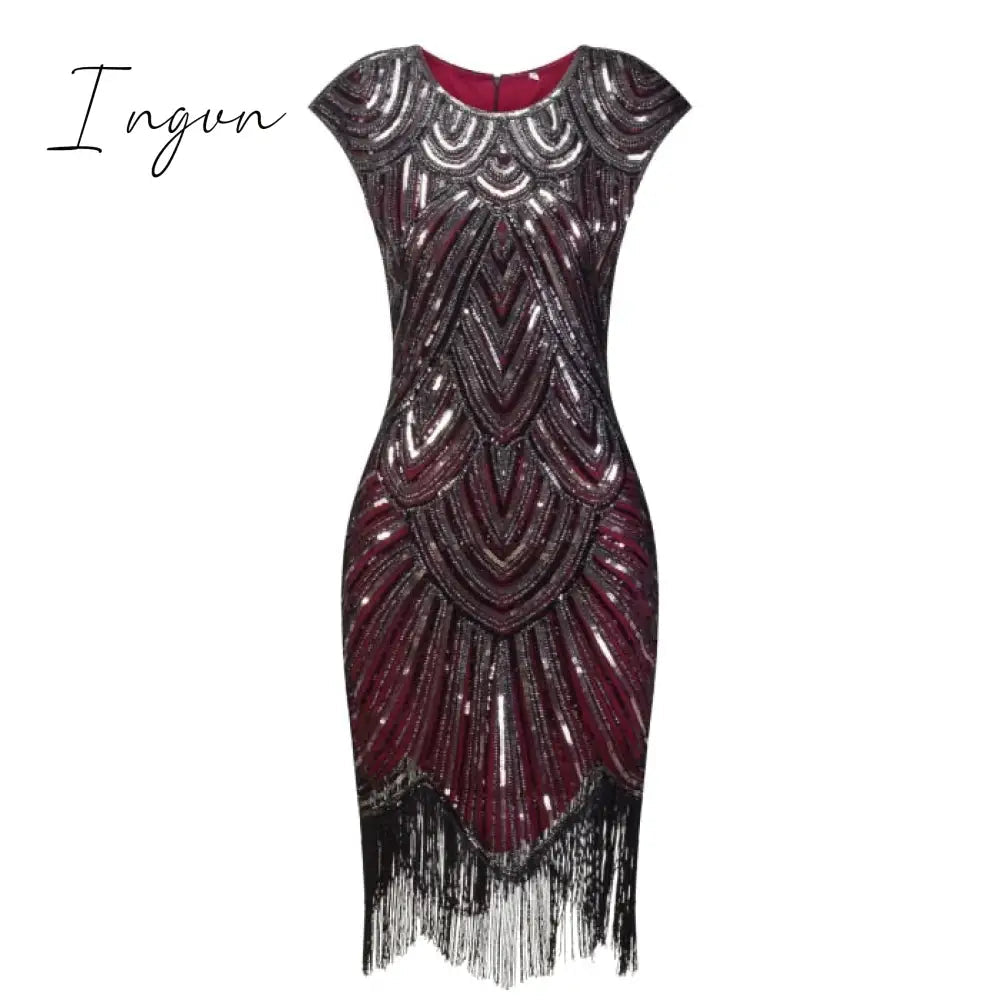 Ingvn - 1920s Flapper Dress Great Gatsby Dress O-Neck Cap Sleeve Sequin Fringe Party Midi Dress Vestido De Verano Summer Women Dress