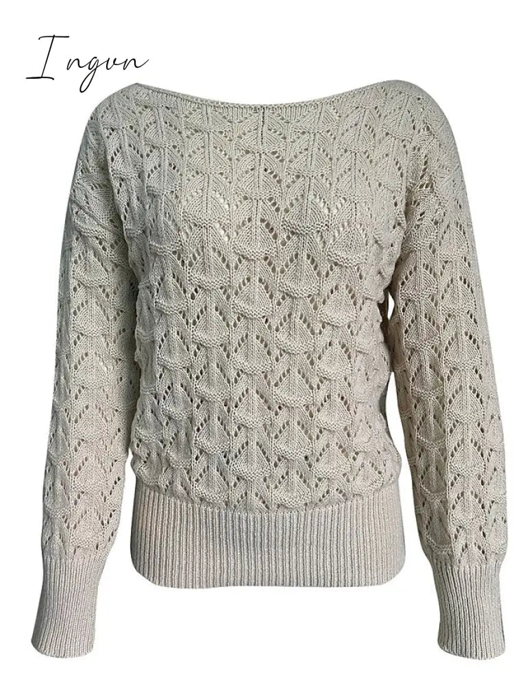 Ingvn - Women's Pullover Sweater Jumper Jumper Ribbed Knit Hollow Out Solid Color Off Shoulder Stylish Casual Outdoor Home Summer Fall Beige S M L