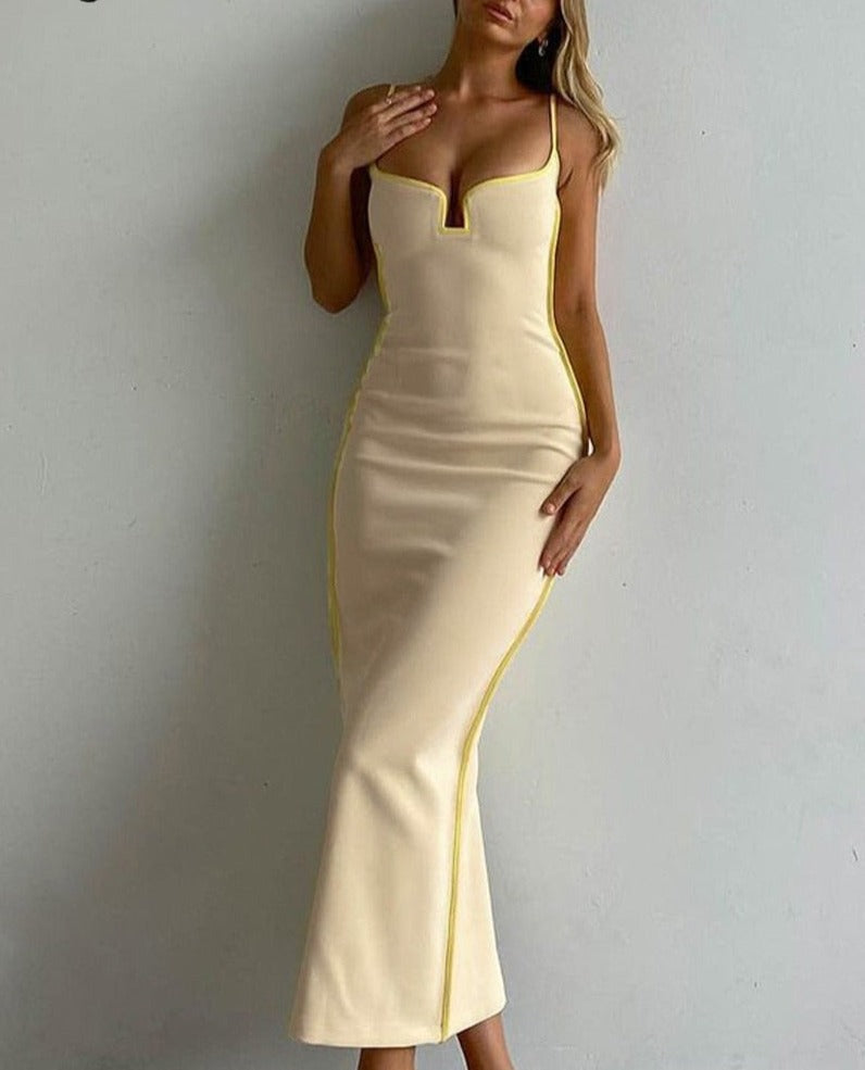 Bright Line Decoration Slip Backless U Neck Skinny Maxi Dress Spring Bodycon Fashion Y2K Streetwear Outfits