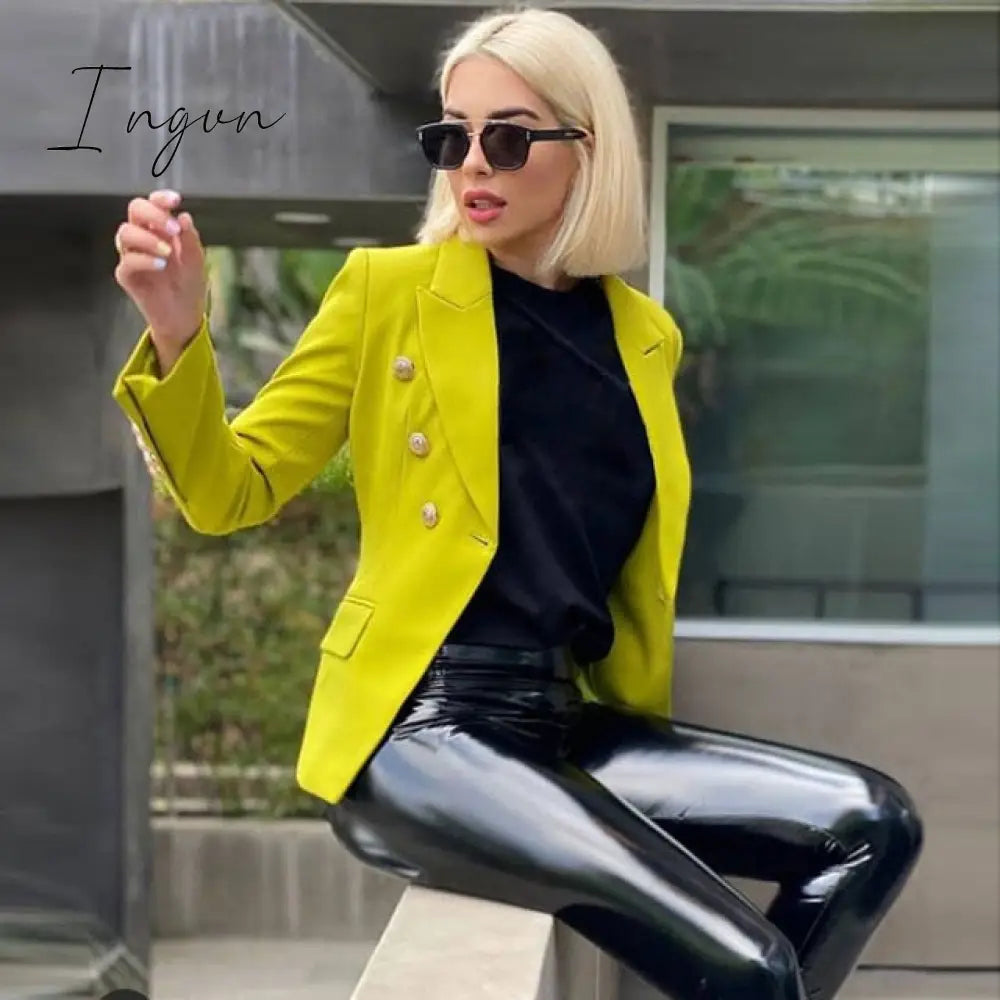 Ingvn - Green Blue Yellow Black White Blazer Women Office Formal Double Breasted Buttons Blazer Plus Big Size Women Blazers Drop Ship